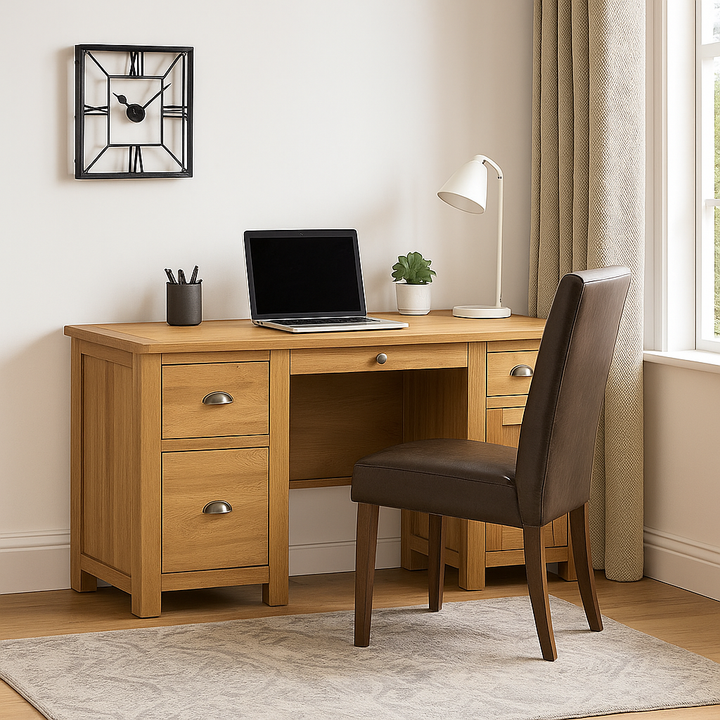 Portland Oak Double Pedestal Desk | Large Solid Wood Office Desk with Storage