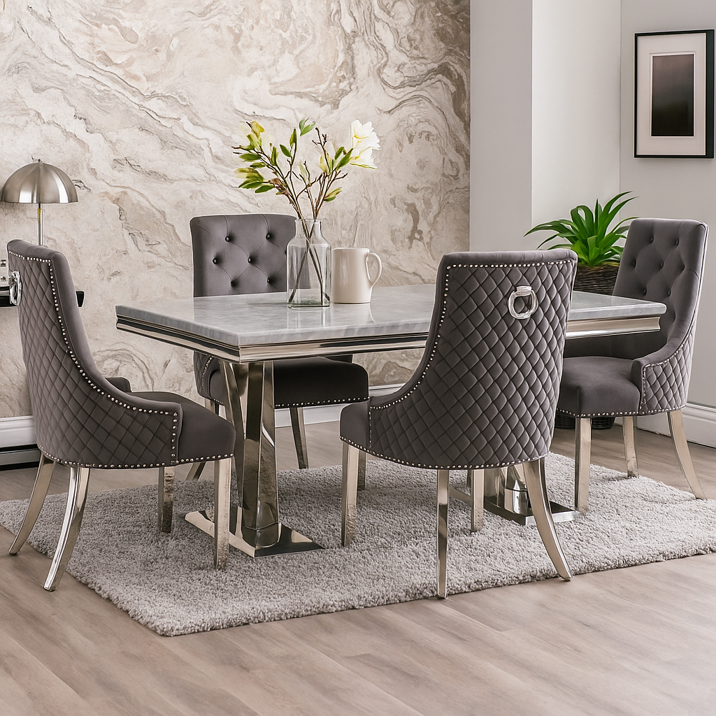 Vittoria 1.8M Marble Dining Table Set with Grey Roma Chairs
