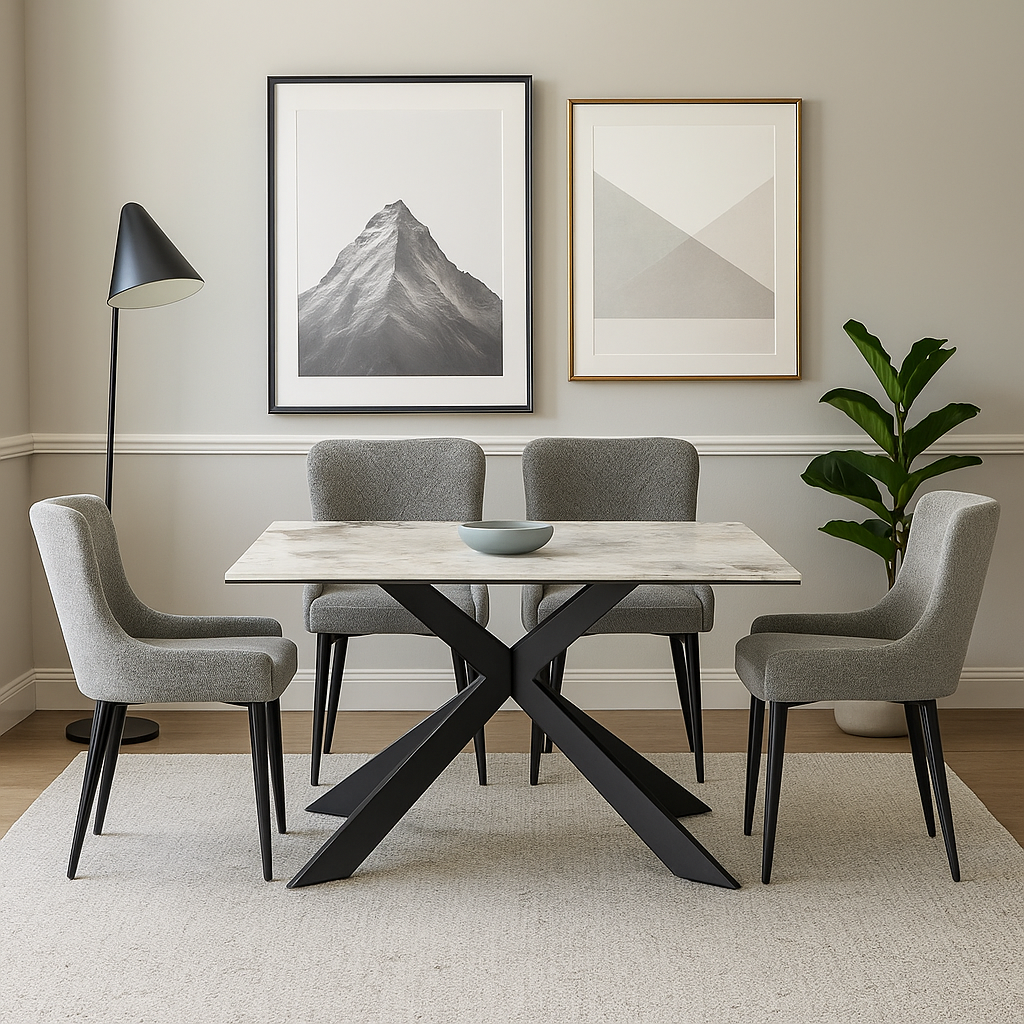 Cosmic Grey Marble Dining Set with Boucle Chairs