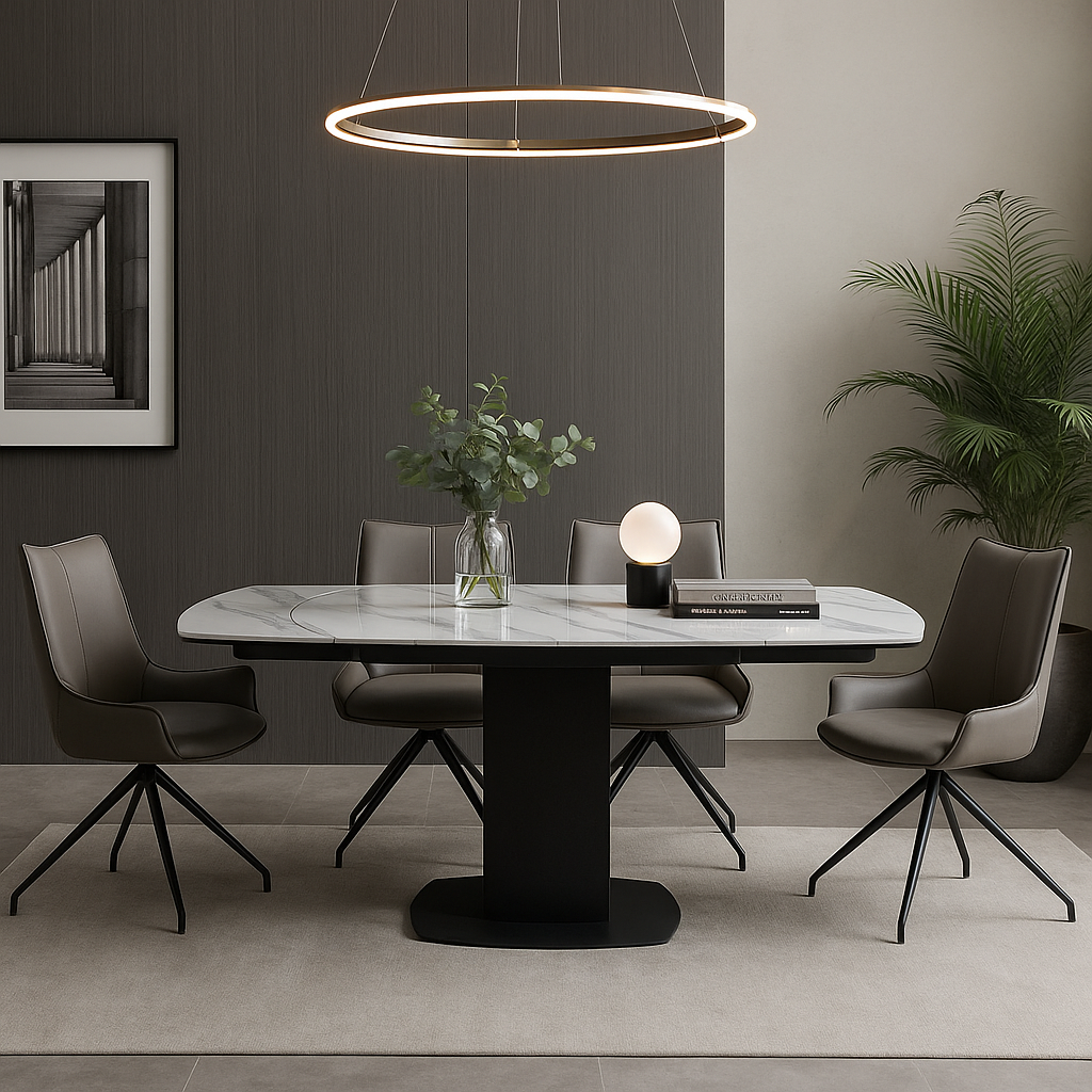 Ramada Swivel Extension Dining Table Set with 4 Grey Swivel Chairs