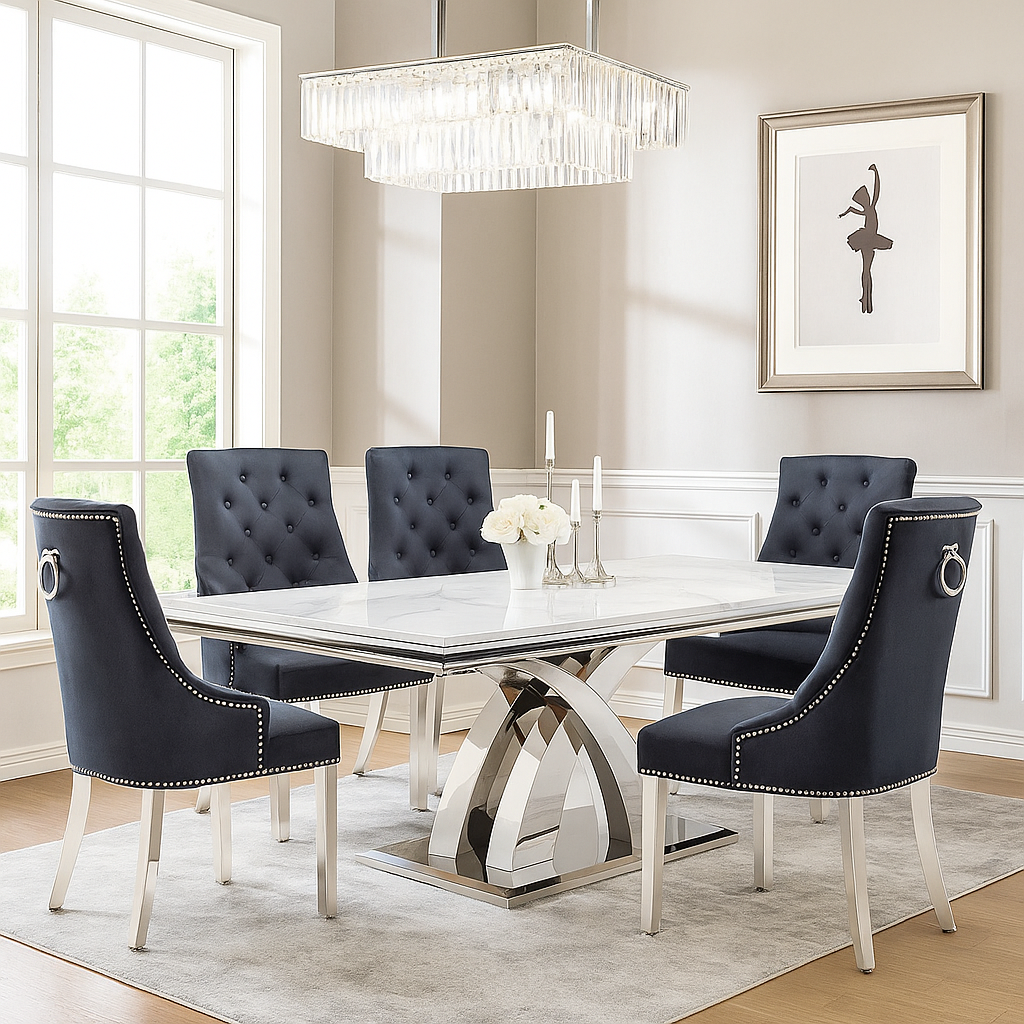 Ottavia 1.8M White Marble Dining Table with 6 Ring Knockerback Dining Chairs
