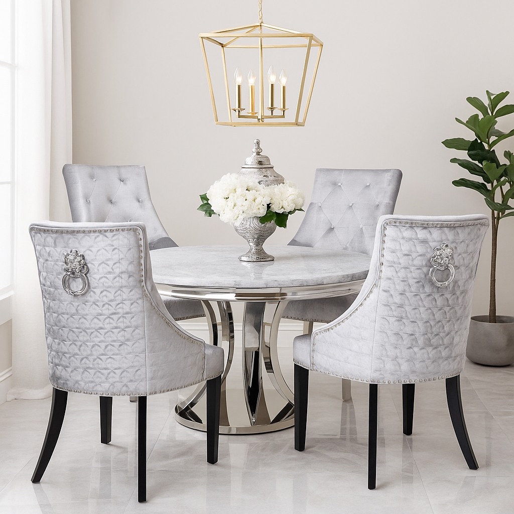 Opulent Round Dining Set Sleek Chrome Table with Regal Lion Chairs