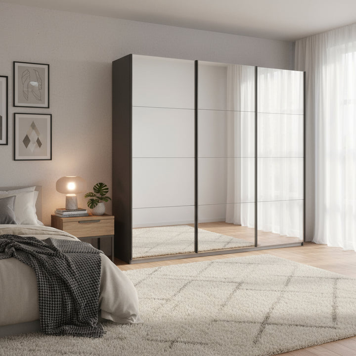 Rauch Oracle Metallic Grey 3 Door Full Mirror Sliding Wardrobe 203CM