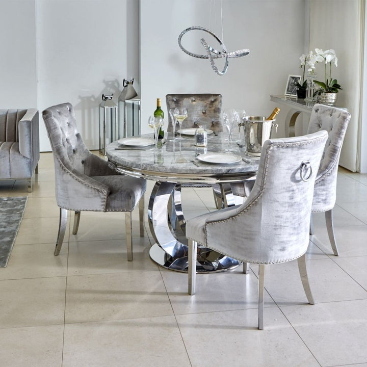 Oracle 130cm Round Grey Marble Dining Table & 4 Knightsbridge Silvery Grey Ring Knocker Chairs