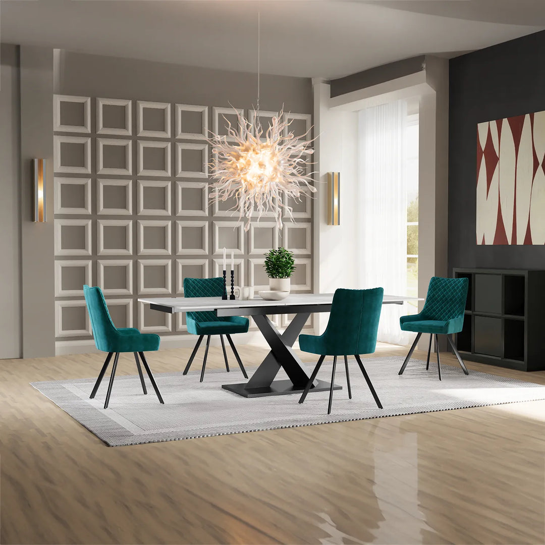 Extending Ceramic Dining Set: 140cm to 180cm | Space-Saving | 4 Upholstered Chairs