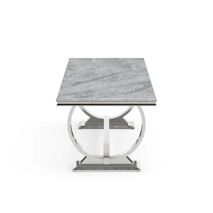 2M Grey Marble Dining Table with Six Velvet Knockerback Chairs