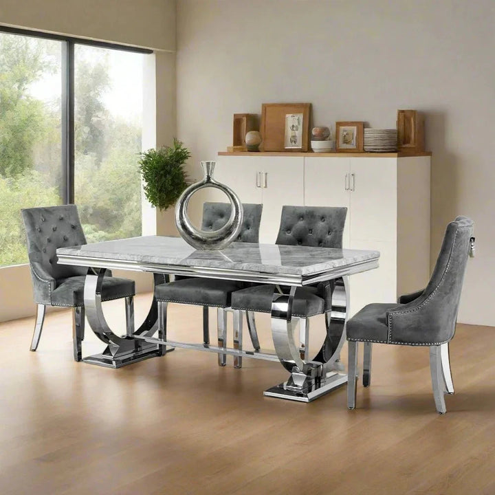 2M Grey Marble Dining Table with Six Velvet Knockerback Chairs