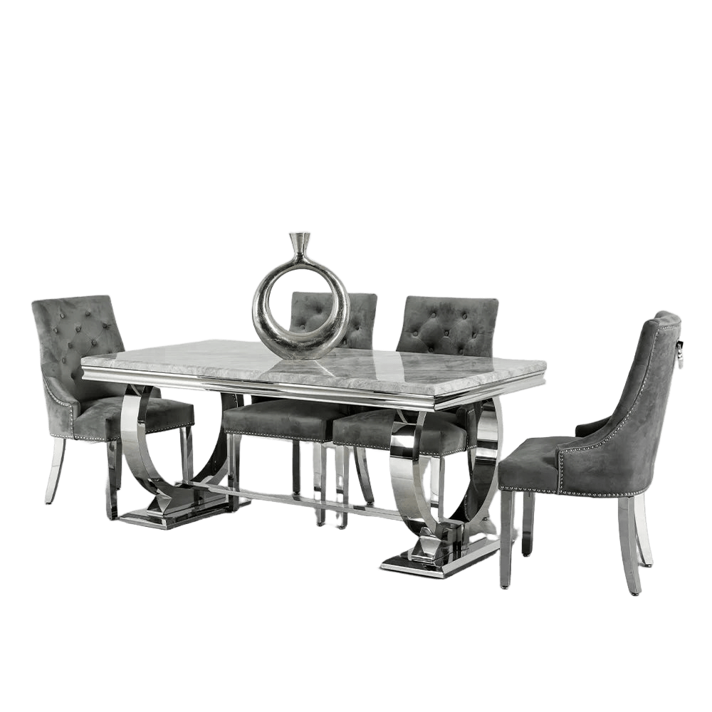2M Grey Marble Dining Table with Six Velvet Knockerback Chairs