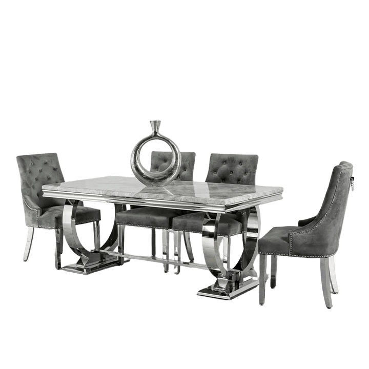 2M Grey Marble Dining Table with Six Velvet Knockerback Chairs