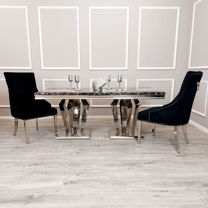 Antibes 1.8M Marble And Chrome Dining Table & Lion Knocker Chairs