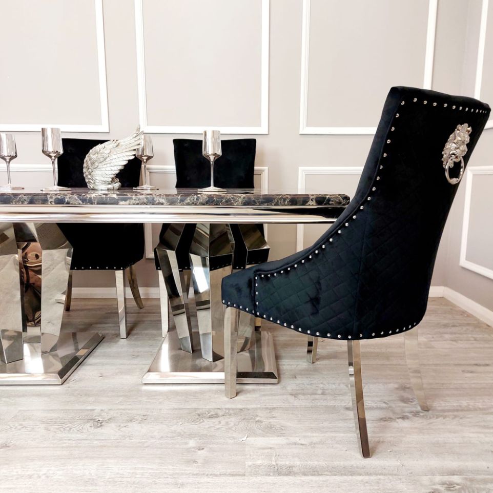 Antibes 1.8M Marble And Chrome Dining Table & Lion Knocker Chairs