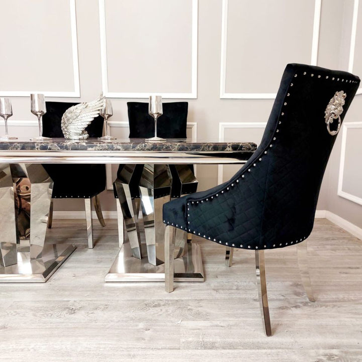 Antibes 1.8M Marble And Chrome Dining Table & Lion Knocker Chairs