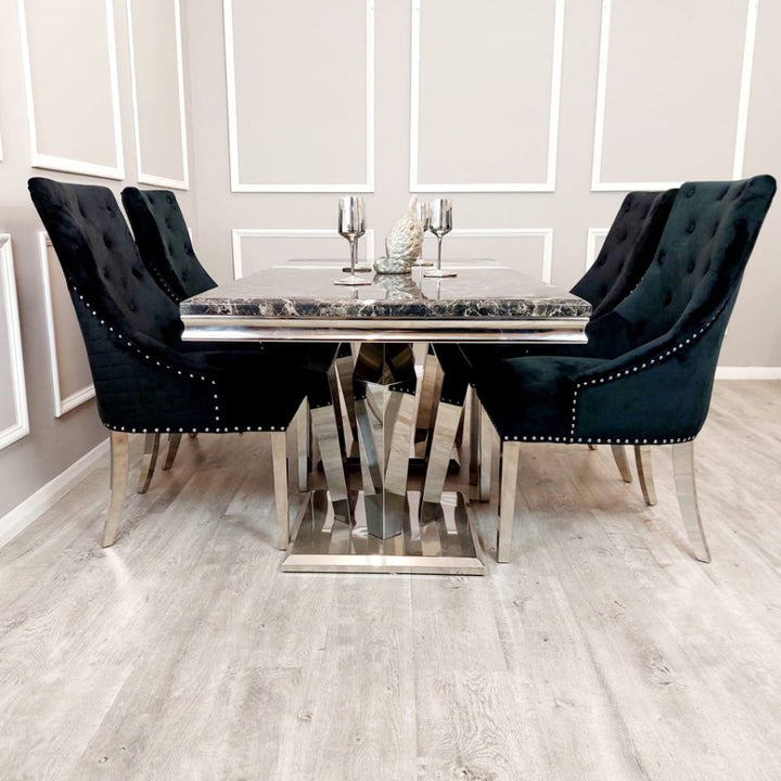 Antibes 1.8M Marble And Chrome Dining Table & Lion Knocker Chairs