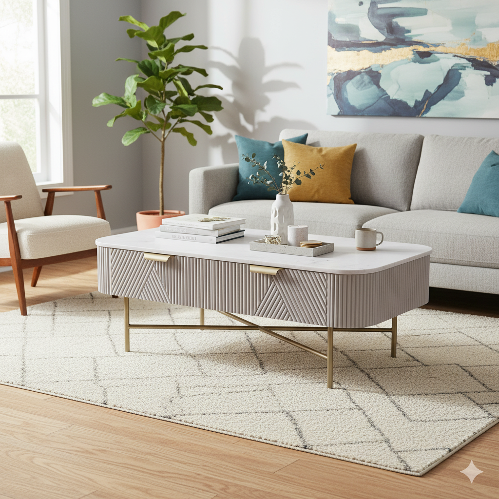 Marble Top Coffee Table with Fluted Mango Wood Drawers