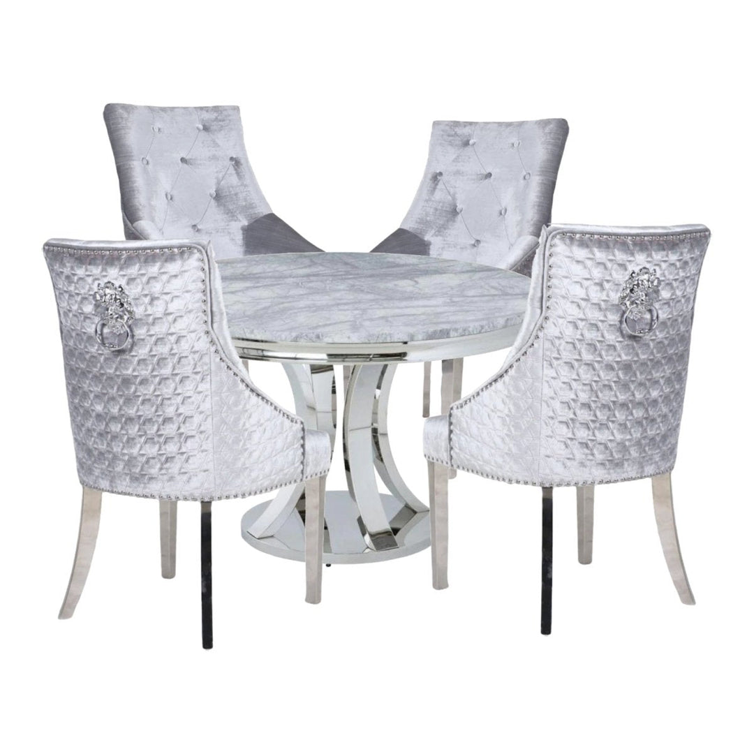 Opulent Round Dining Set Sleek Chrome Table with Regal Lion Chairs