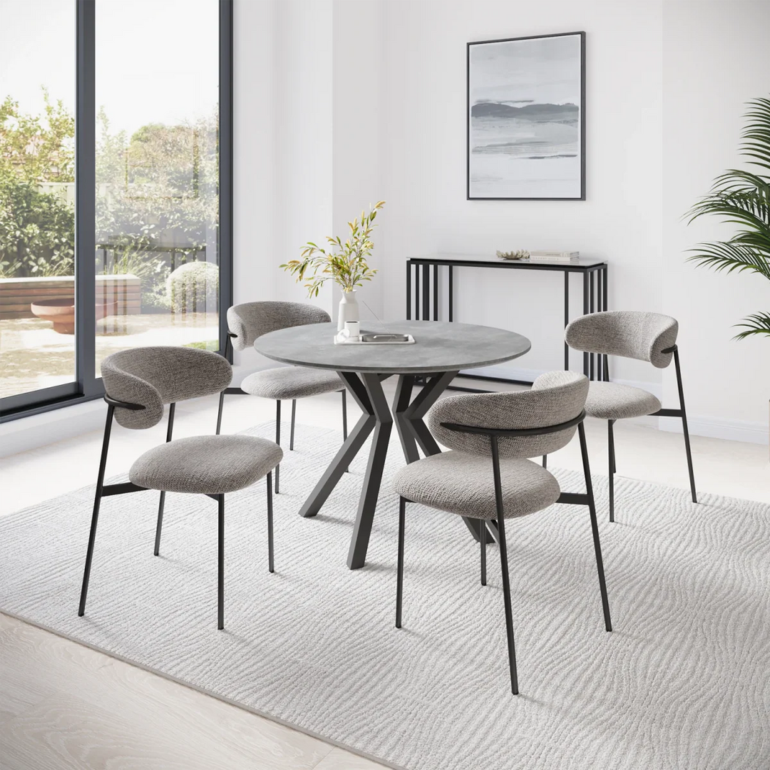 Toronto 110 cm Grey Ceramic Round Dining Table Set with 4 Grey Fabric Chairs