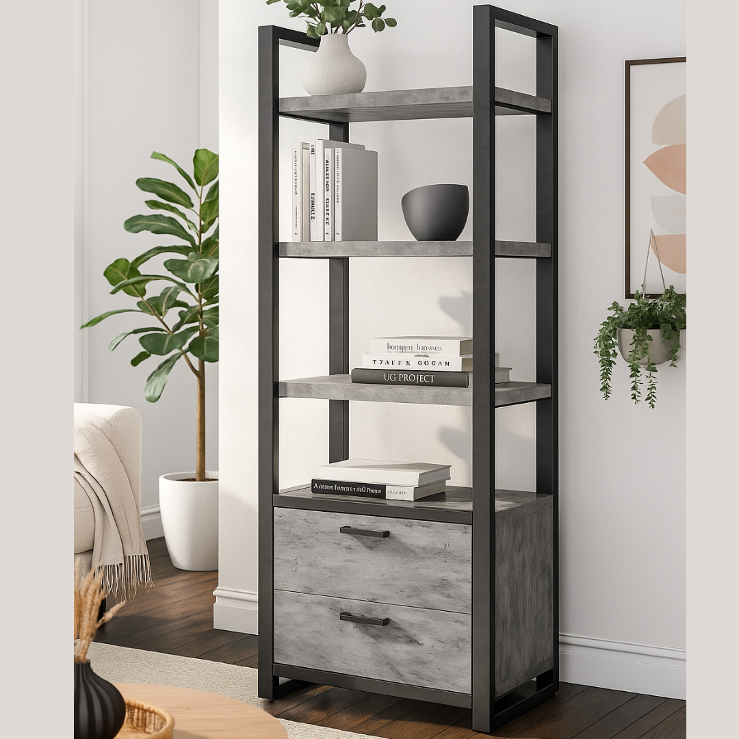 Fusion Bookcase with Drawers - Stone Effect