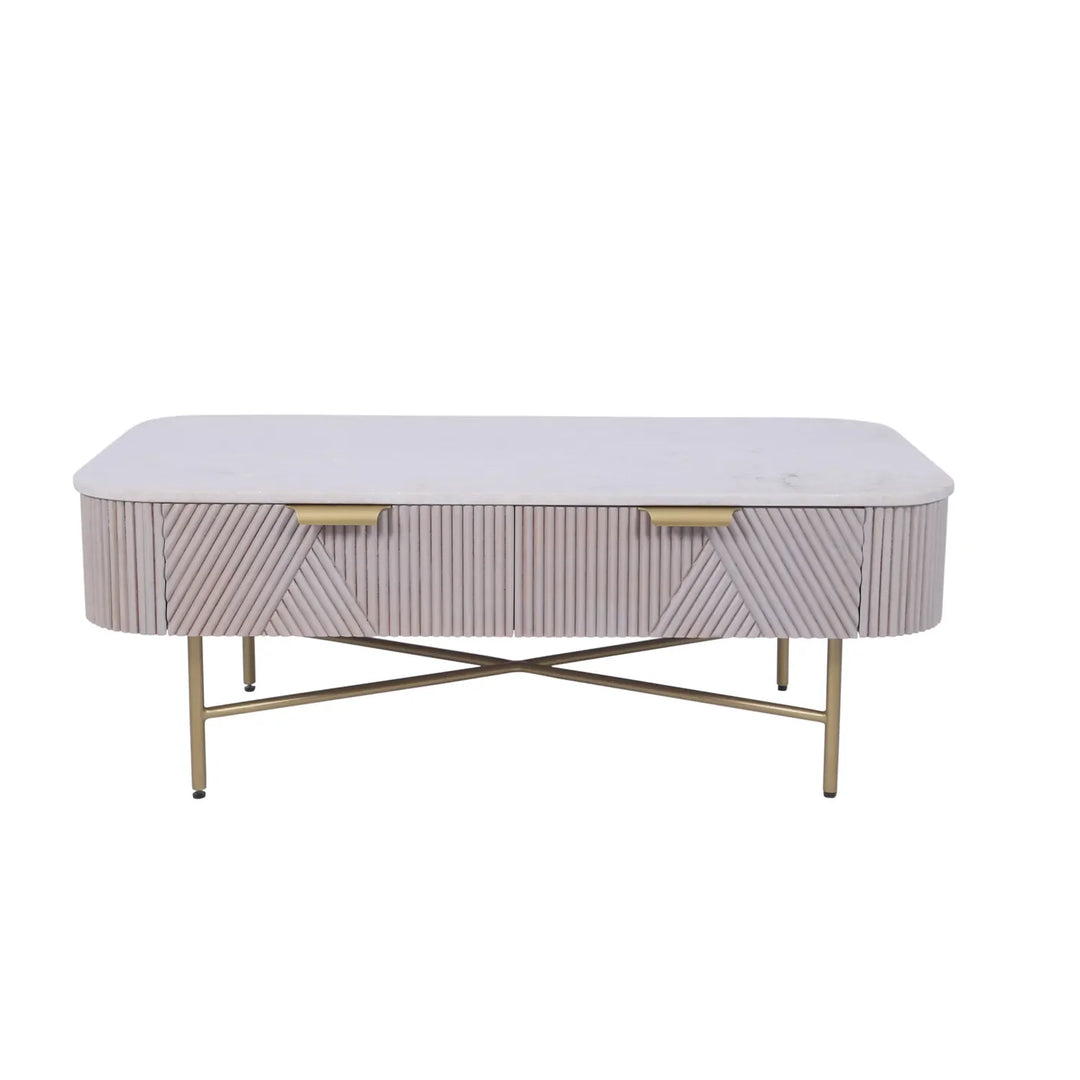 Marble Top Coffee Table with Fluted Mango Wood Drawers