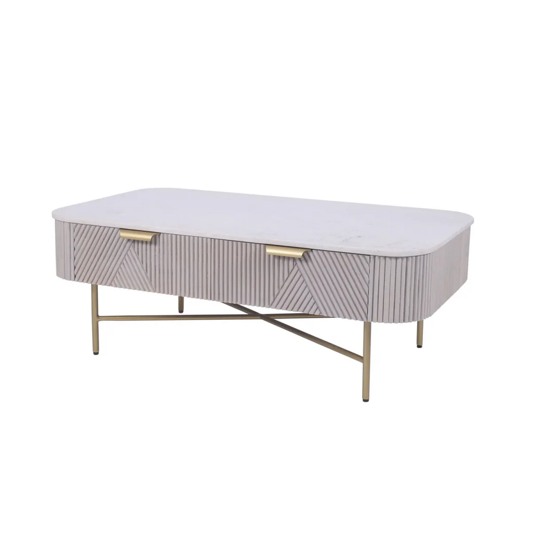 Marble Top Coffee Table with Fluted Mango Wood Drawers