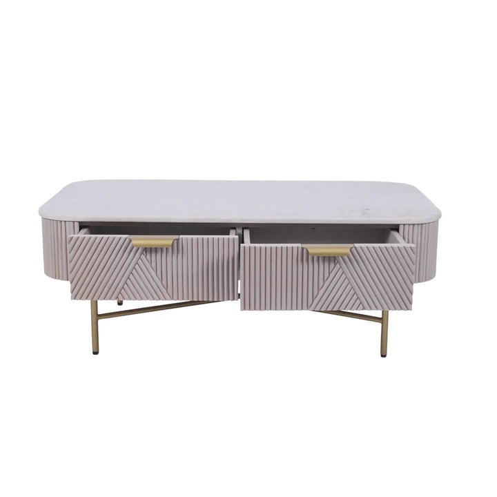 Marble Top Coffee Table with Fluted Mango Wood Drawers