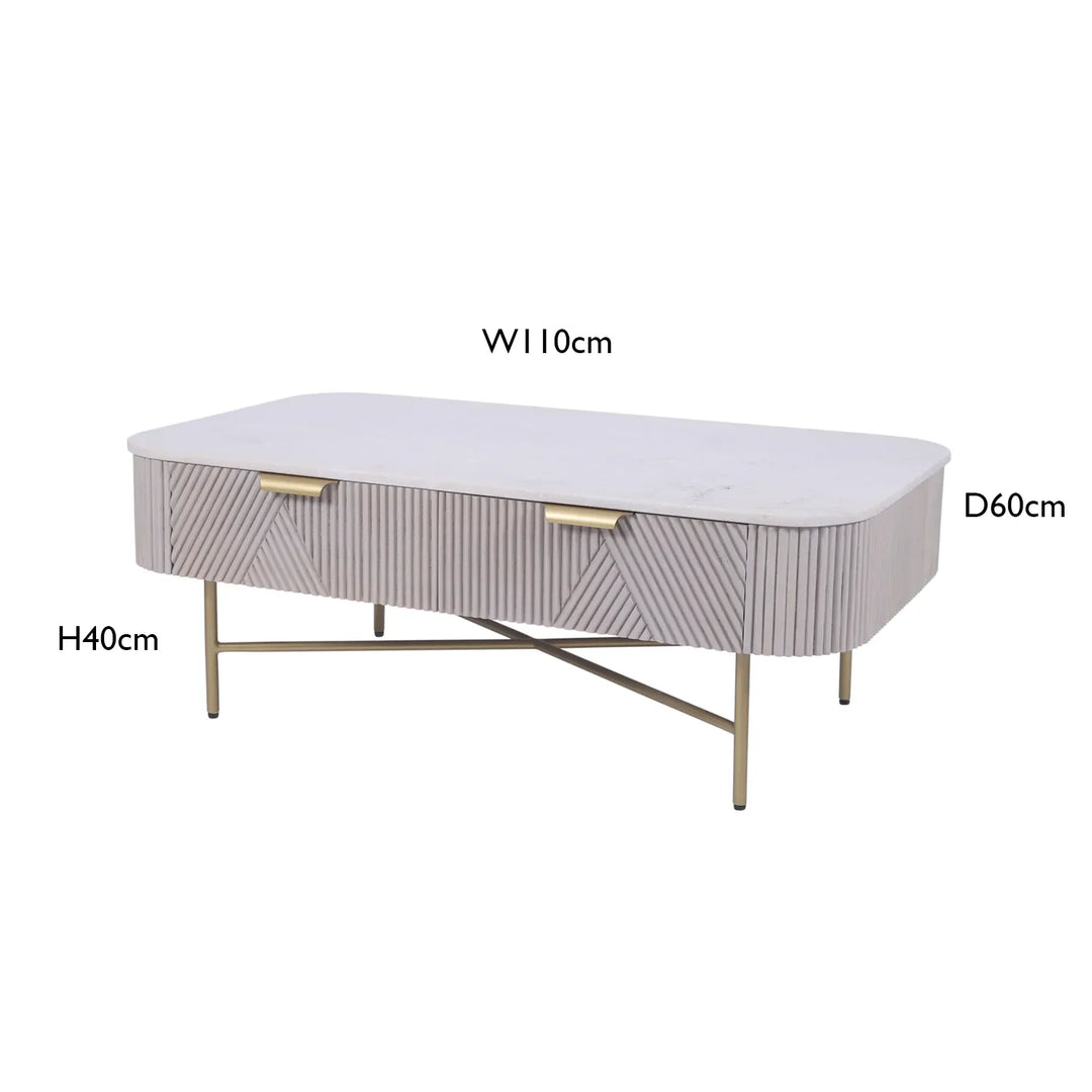 Marble Top Coffee Table with Fluted Mango Wood Drawers