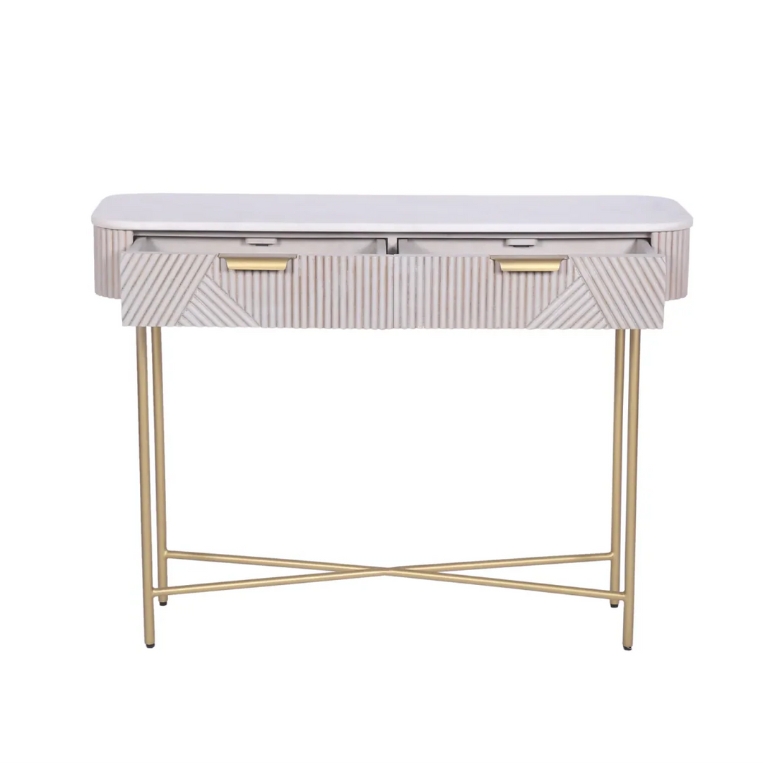 Fluted Mango Wood Console with White Marble Top