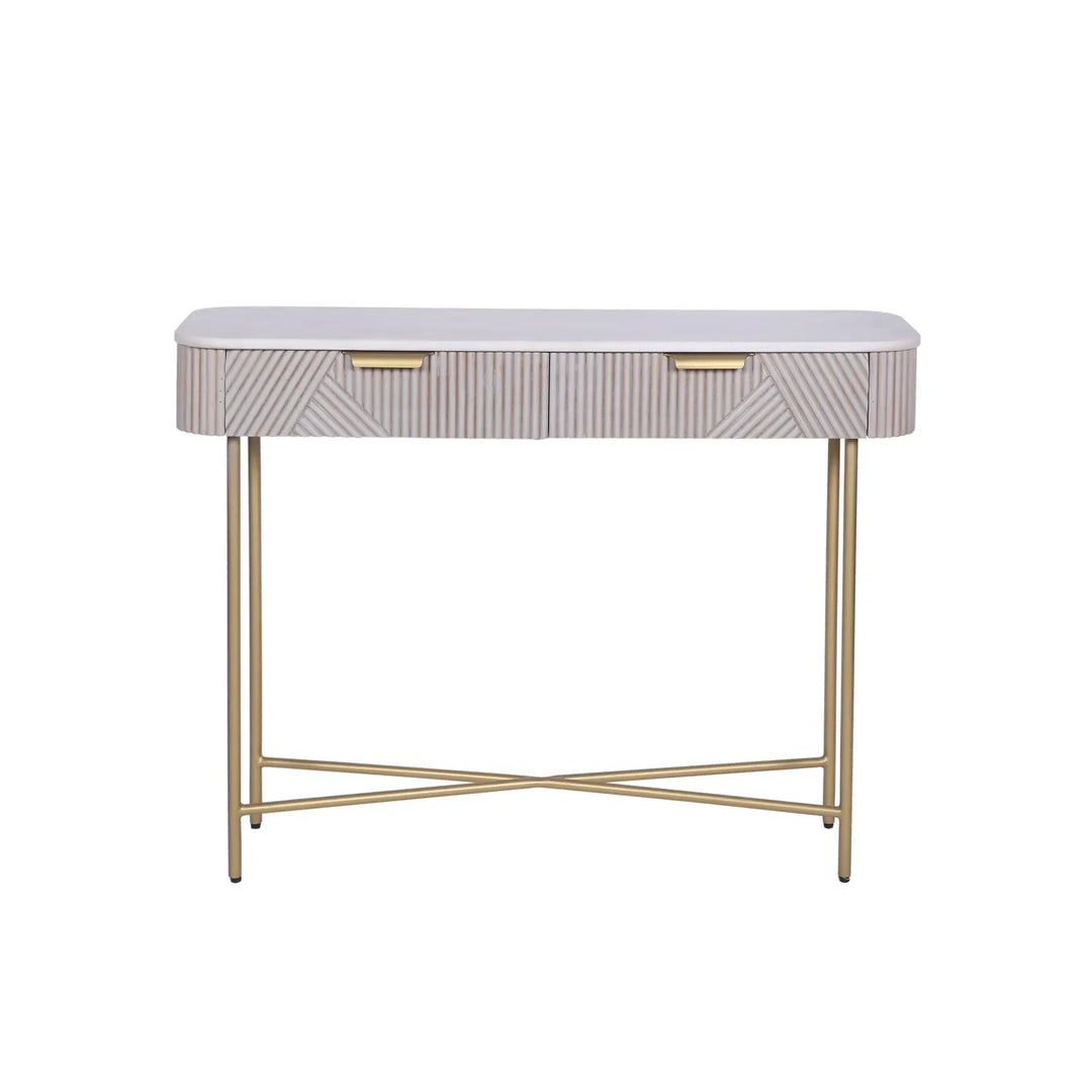 Fluted Mango Wood Console with White Marble Top