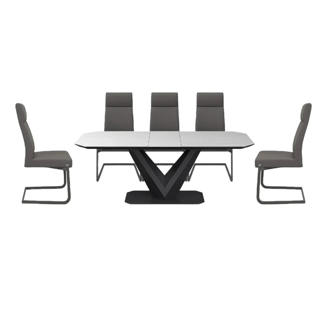 Merlin Matte White Ceramic Extending Dining Table with 6 Faux Leather Dining Chairs