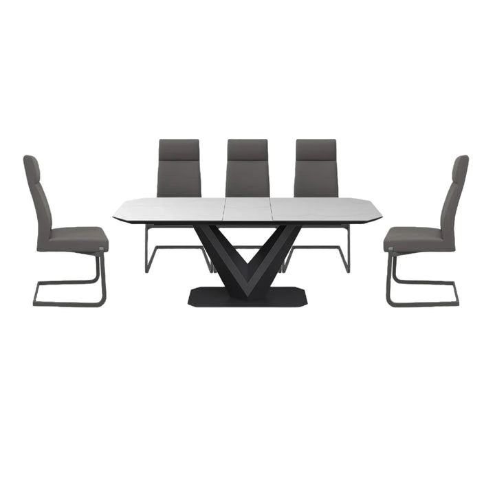 Merlin Matte White Ceramic Extending Dining Table with 6 Faux Leather Dining Chairs