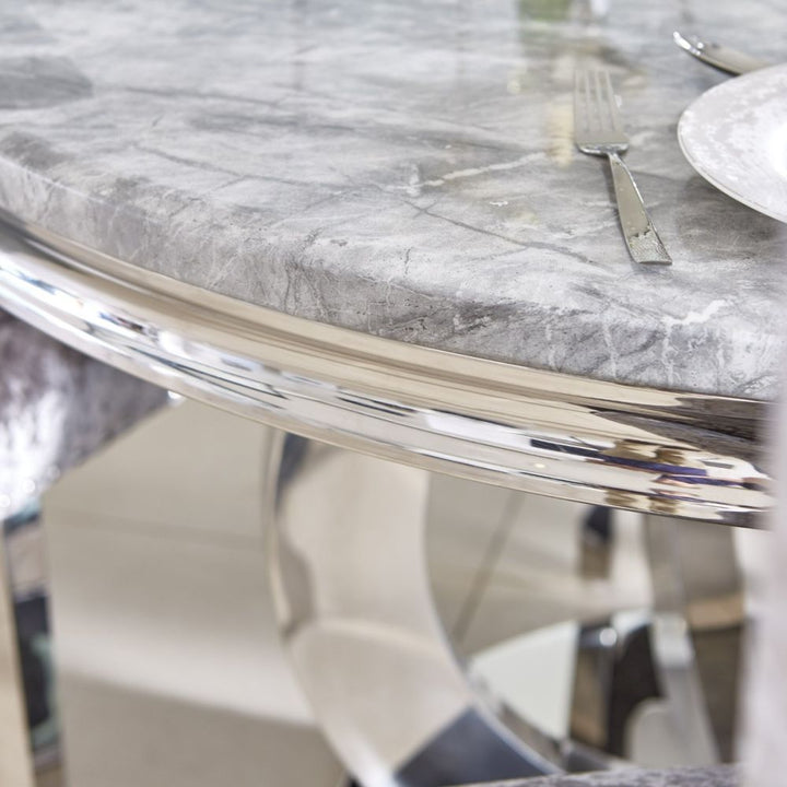 Oracle 130cm Round Grey Marble Dining Table & 4 Lewis Silvery Grey Lion Knocker Chairs