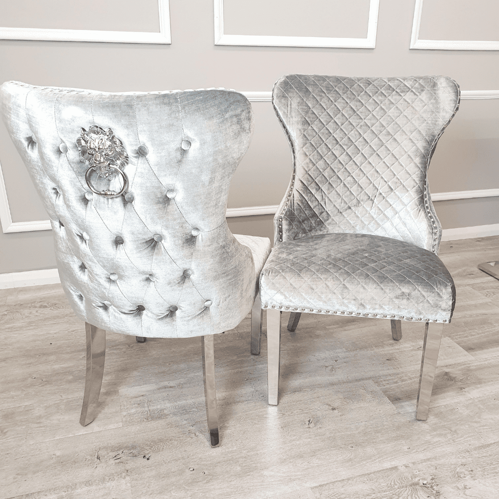 Oracle 130cm Round Grey Marble Dining Table & 4 Lewis Silvery Grey Lion Knocker Chairs