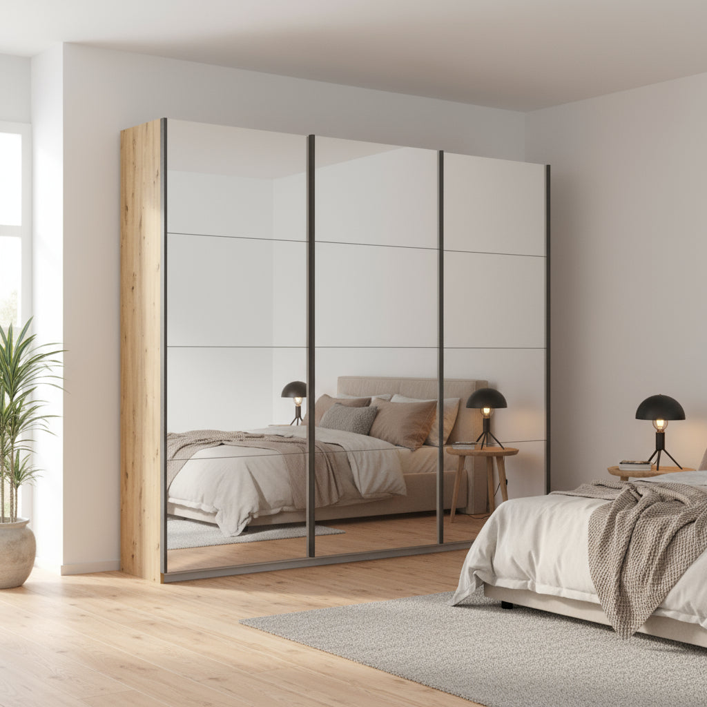 Rauch Oracle Artisan Oak 3 Door Full Mirror Sliding Wardrobe 203CM