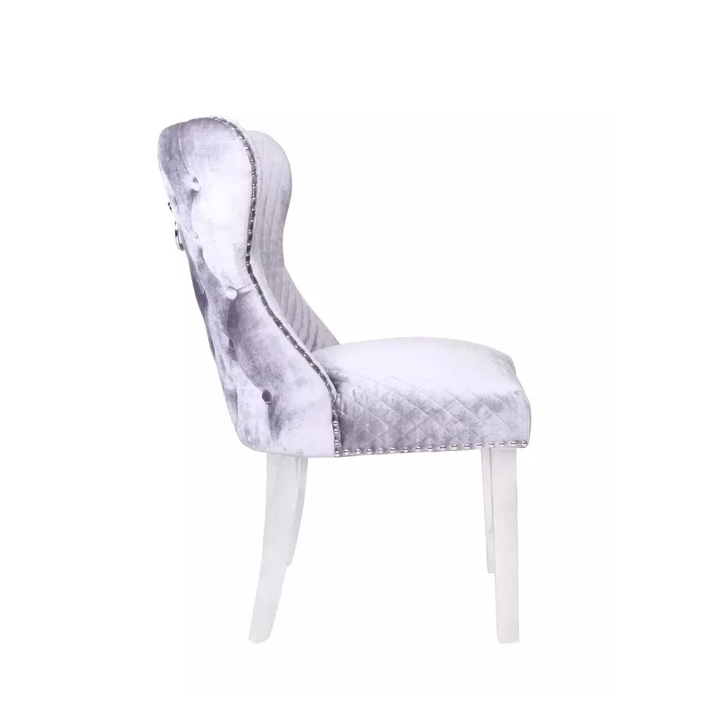 Oracle 130cm Round Grey Marble Dining Table & 4 Lewis Silvery Grey Lion Knocker Chairs