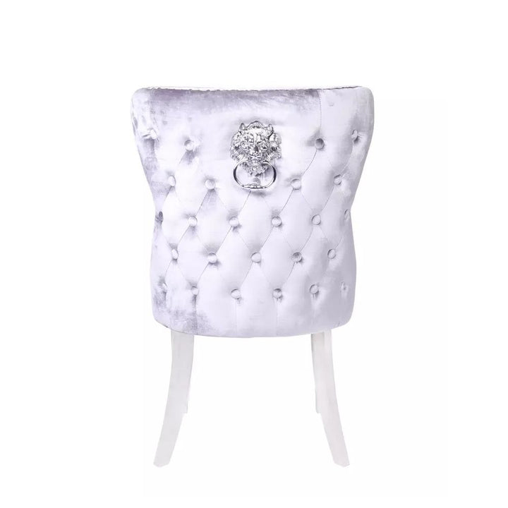 Oracle 130cm Round Grey Marble Dining Table & 4 Lewis Silvery Grey Lion Knocker Chairs