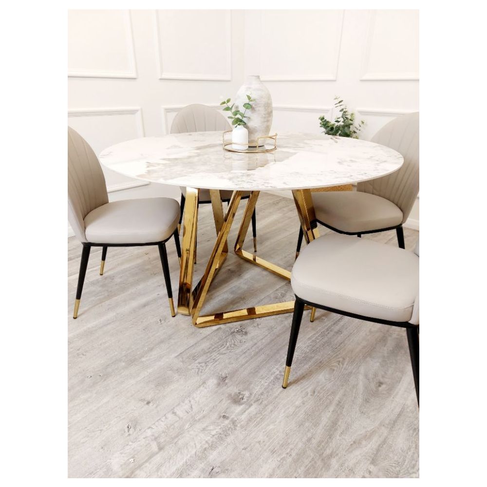 Richmond White Marble and Gold Round Dining Table Set