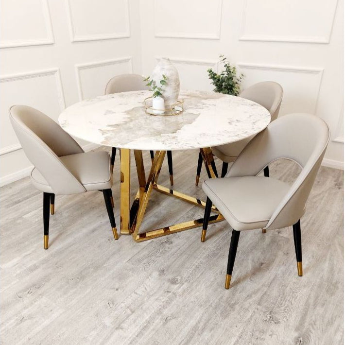 Richmond White Marble and Gold Round Dining Table Set
