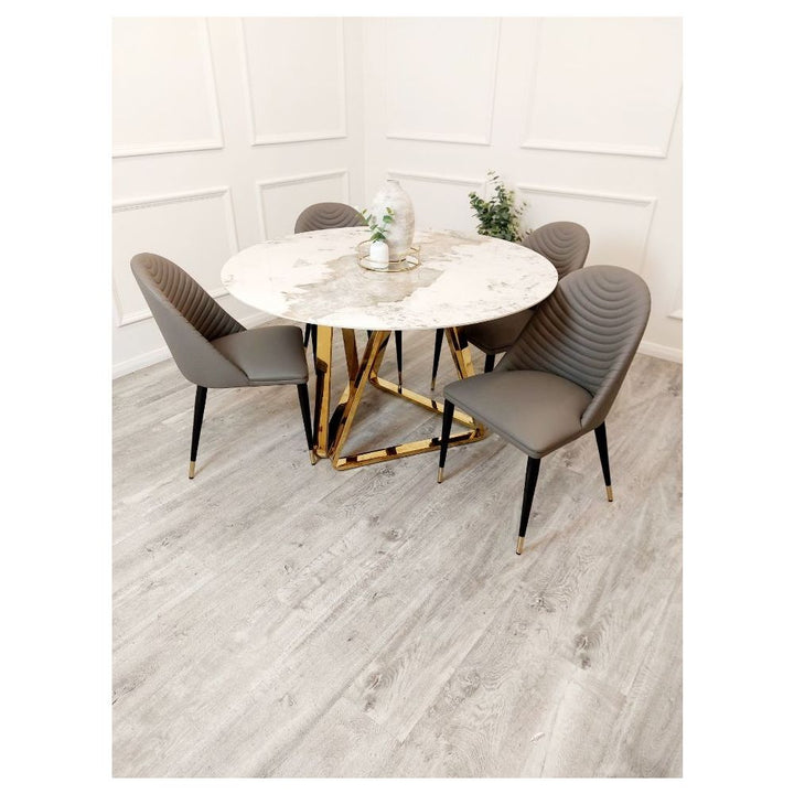 Richmond White Marble and Gold Round Dining Table Set