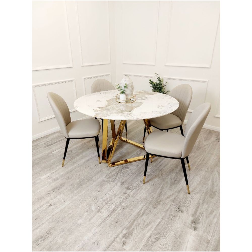 Richmond White Marble and Gold Round Dining Table Set