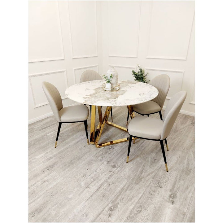 Richmond White Marble and Gold Round Dining Table Set