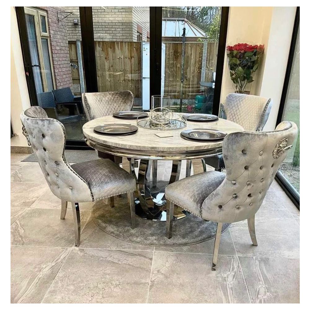 Oracle 130cm Round Grey Marble Dining Table & 4 Lewis Silvery Grey Lion Knocker Chairs