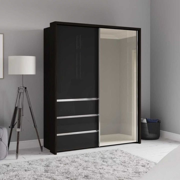 Wiemann Pacific 175cm 2 Graphite Glass Doors Sliding Wardrobe with 3 Drawers With Mirror