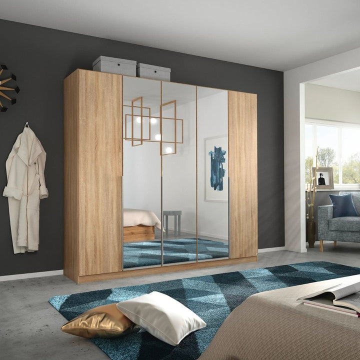 Rauch Alabama Sonoma Oak and Mirror 5 Door Hinged Wardrobe