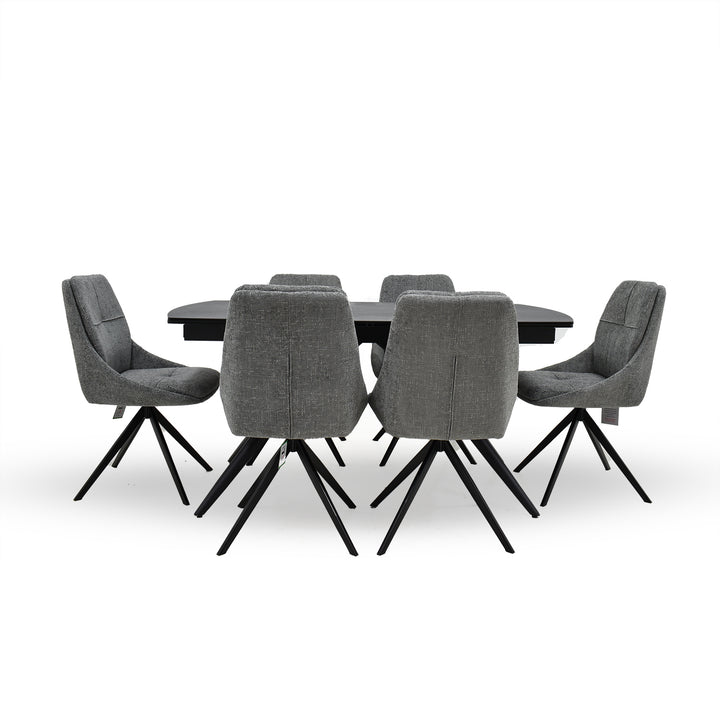 Euphoria matt grey extending dining table with dolphin harley dining chair set