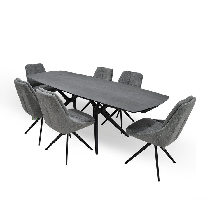 Euphoria matt grey extending dining table with dolphin harley dining chair set