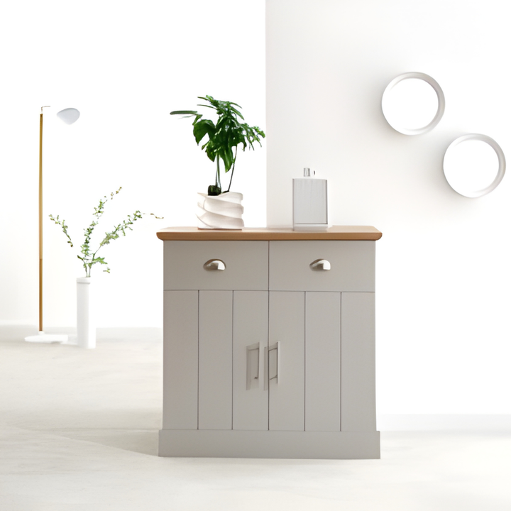 Compact Grey Sideboard with Oak-Effect Top