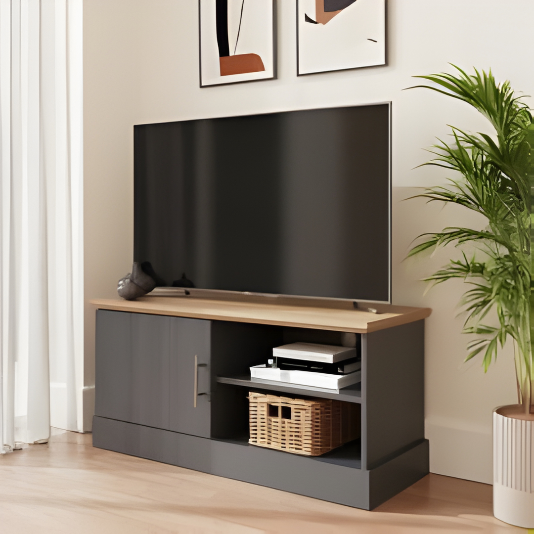 Slate Blue TV Unit Small with Oak-Effect Top