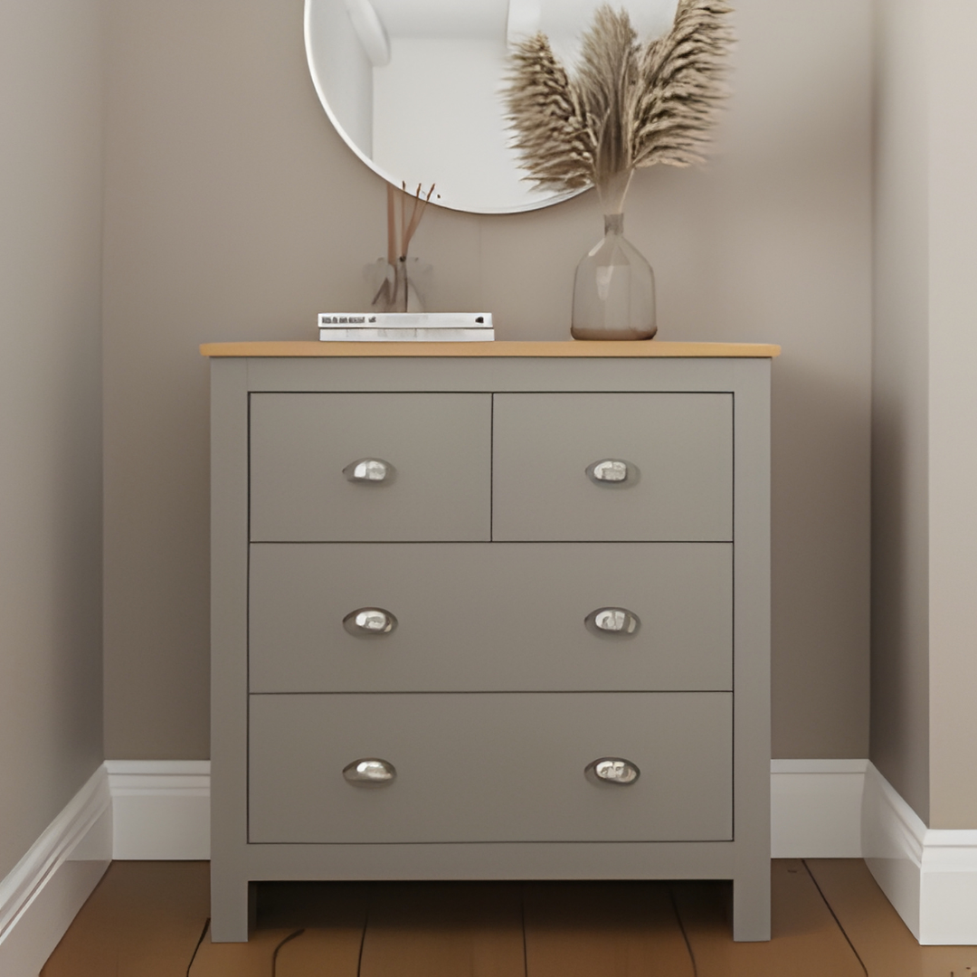 Modern Grey 4‑Drawer Chest with Oak‑Effect Top