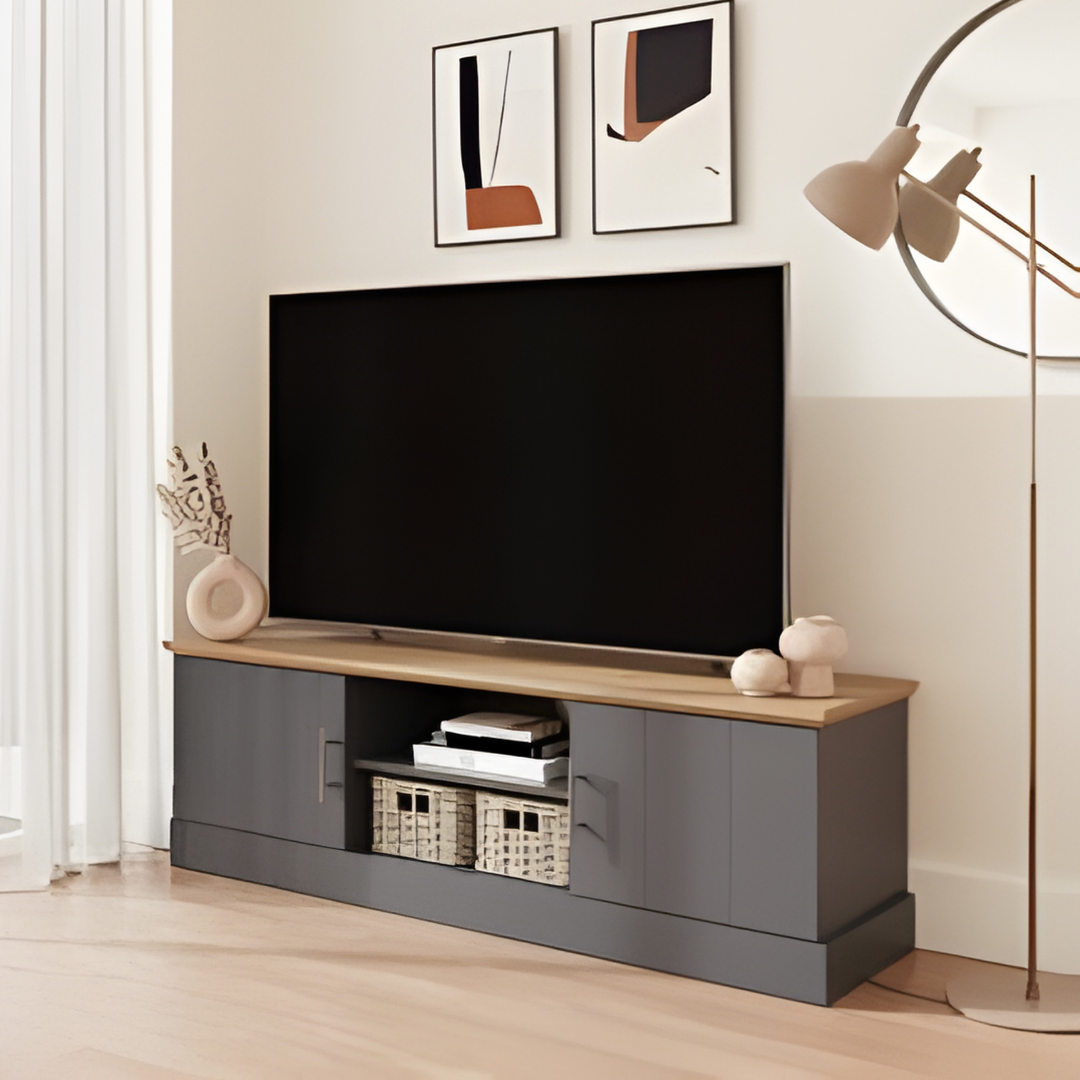 Slate Blue Large TV Unit with Oak-Effect Top