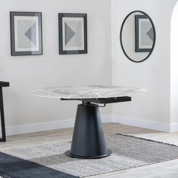Clara 135cm Grey Sintered Stone Round Dining Table with Black Pedestal Base