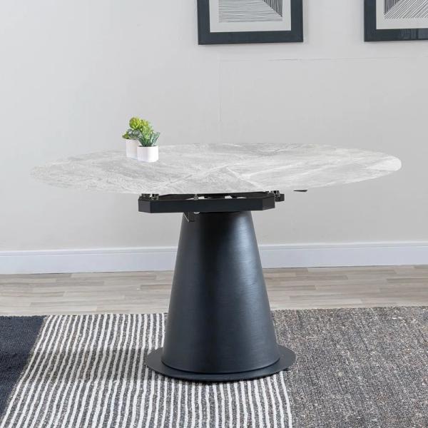 Clara 135cm Grey Sintered Stone Round Dining Table with Black Pedestal Base